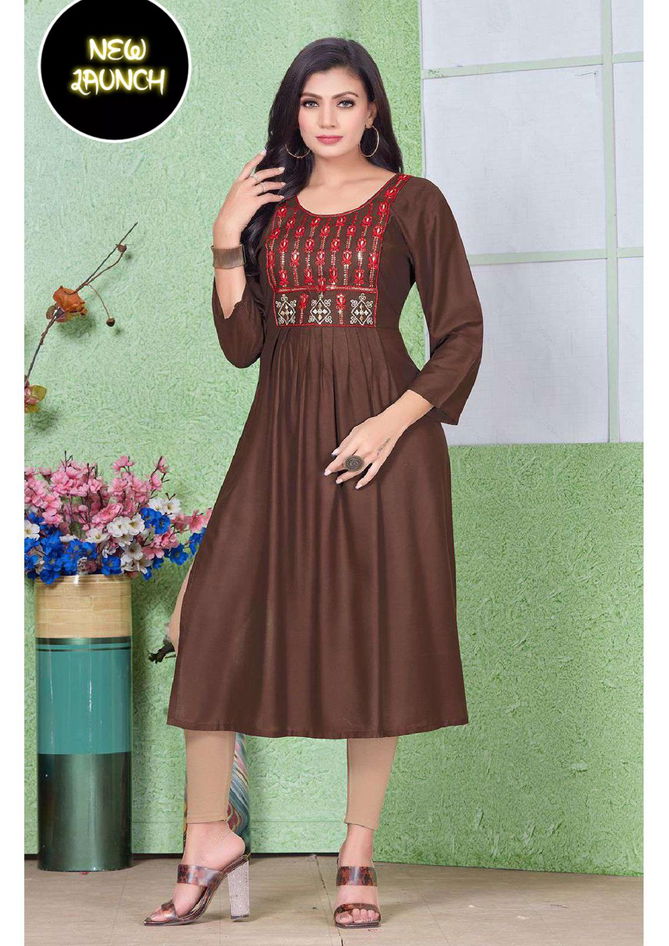 Trendy Chicago Vol 2 Rayon Sequence Work Naira Cut Kurti Catalog
